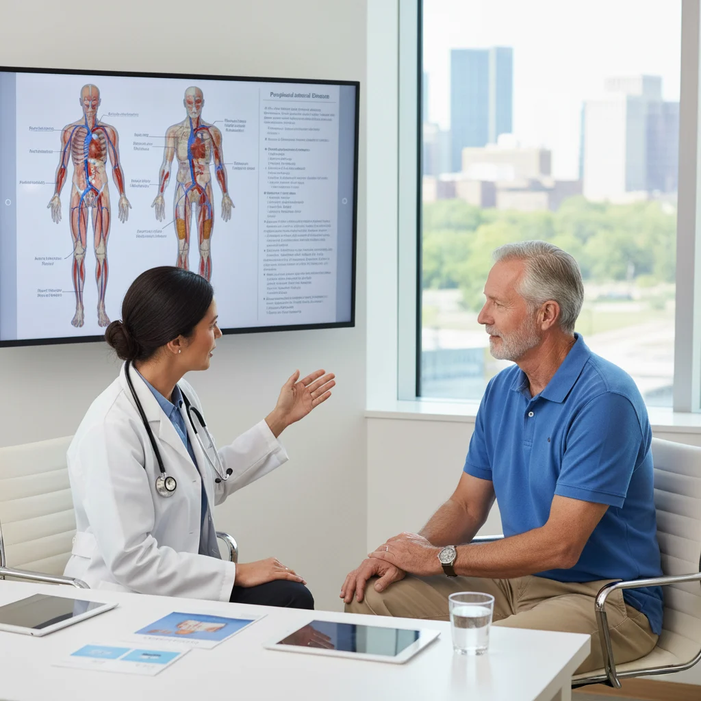 Cardiologist discussing peripheral vascular intervention with a patient during a consultation at Medicor Cardiology in New Jersey
