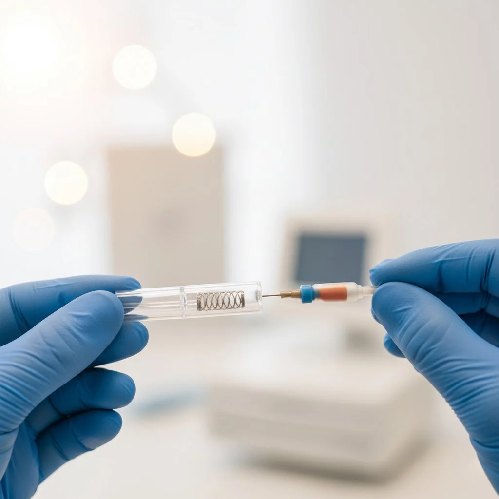 Close-up of a vascular stent held by a cardiologist before peripheral vascular intervention at Medicor Cardiology in New Jersey
