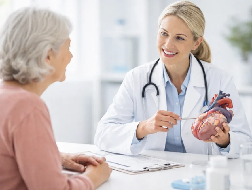 Cardiologist educating an older female patient about heart health during a women’s cardiology consultation at Medicor Cardiology in New Jersey