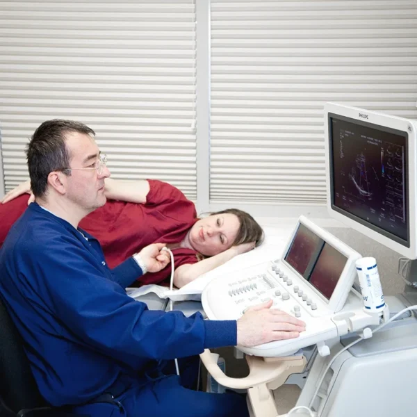 Patient undergoing echocardiogram ultrasound to evaluate heart function in New Jersey